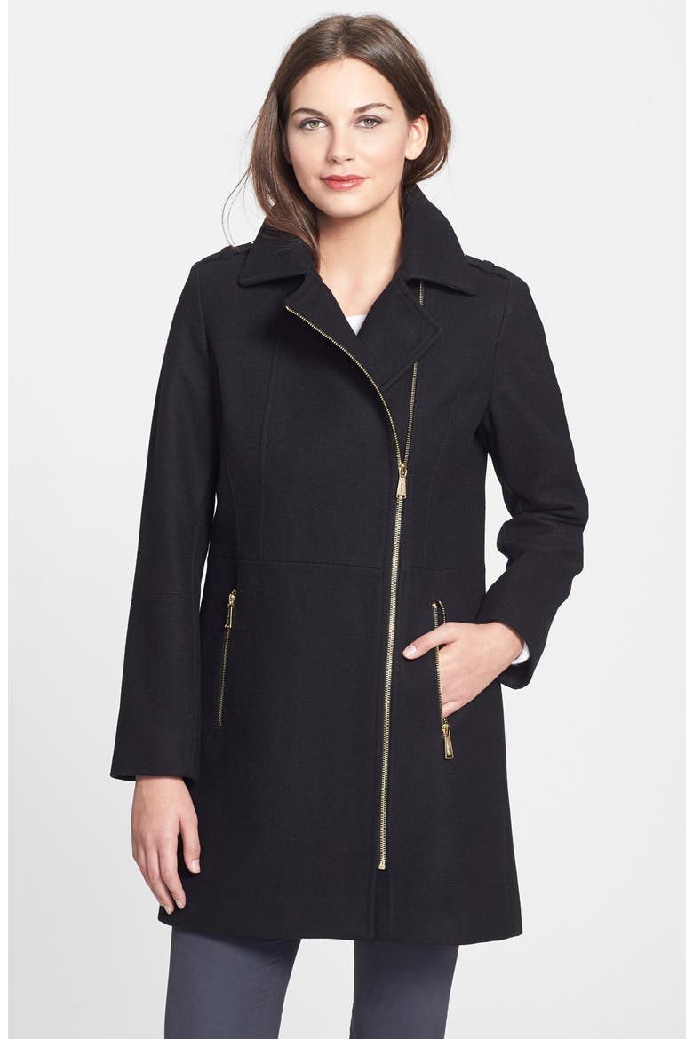 Asymmetrical Wool Blend Coat, Main, color, BLACK