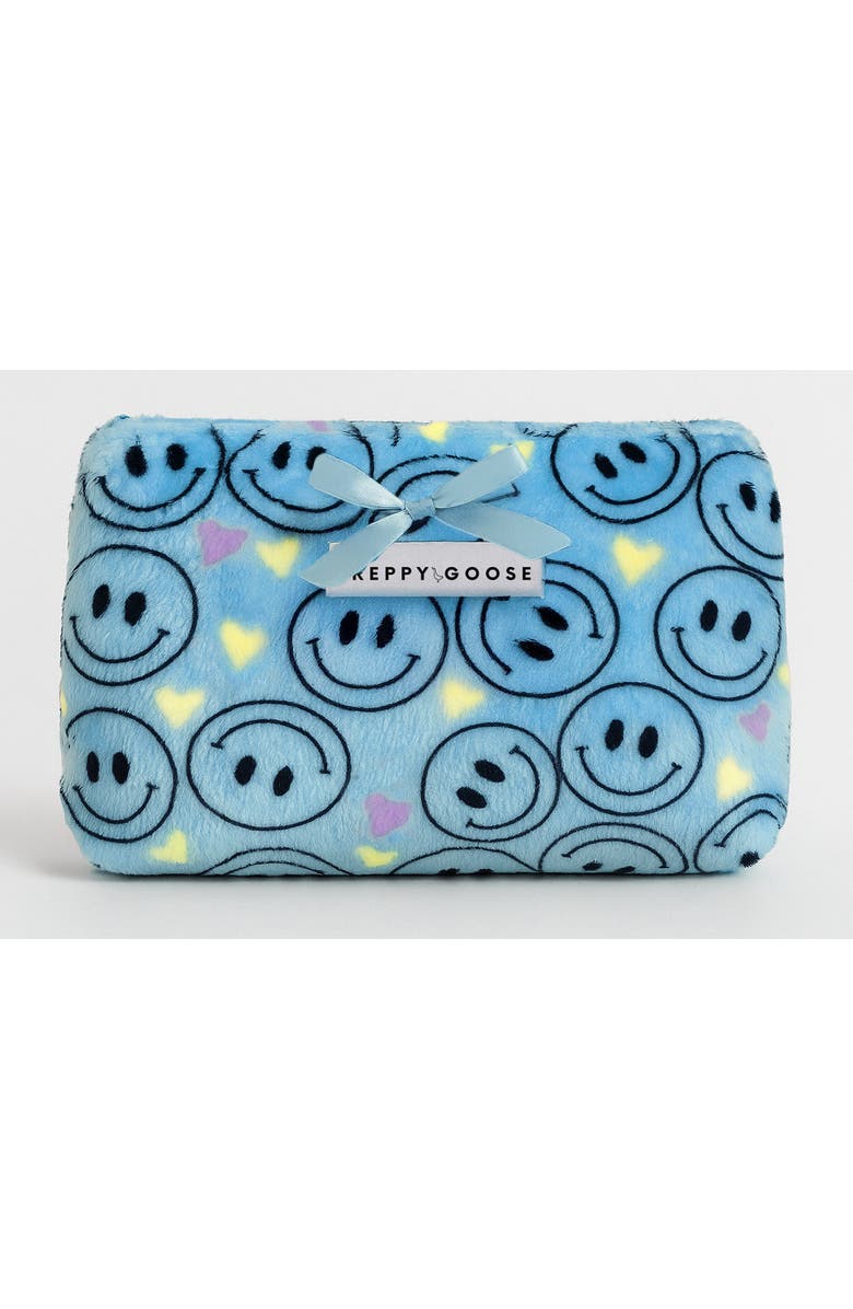 Preppy Goose Plush Pouch, Main, color, Blue Smiley Print