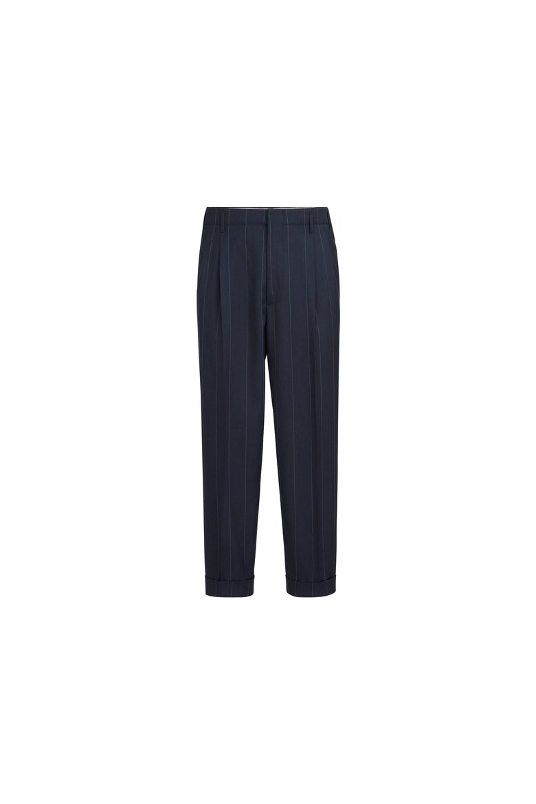 Virgin wool chalk stripe trousers with double pleats, Alternate, color, Navy Blue