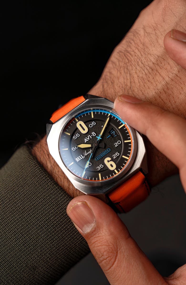 AVI-8 Bell X-1 Machbuster Automatic Leather/Rubber Strap Watch, 41mm, Alternate, color, Black/ Orange