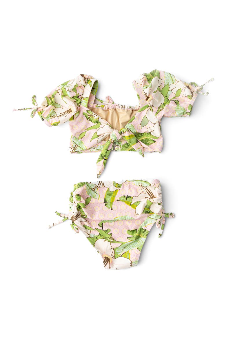 Kids' Hibiscus Botanical High Waist Two-Piece UPF 50+ Swimsuit, Alternate, color, PINK