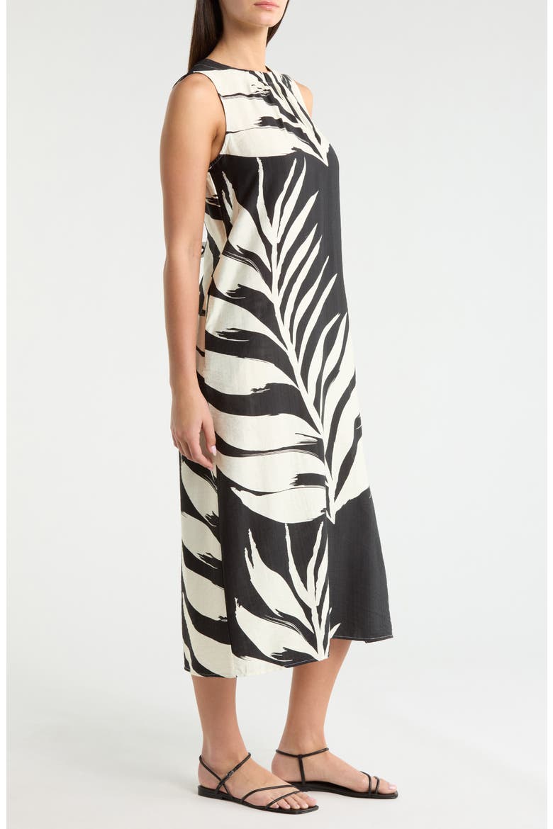Palm Print Sleeveless Shift Midi Dress, Alternate, color, BLACK BONE LEAF