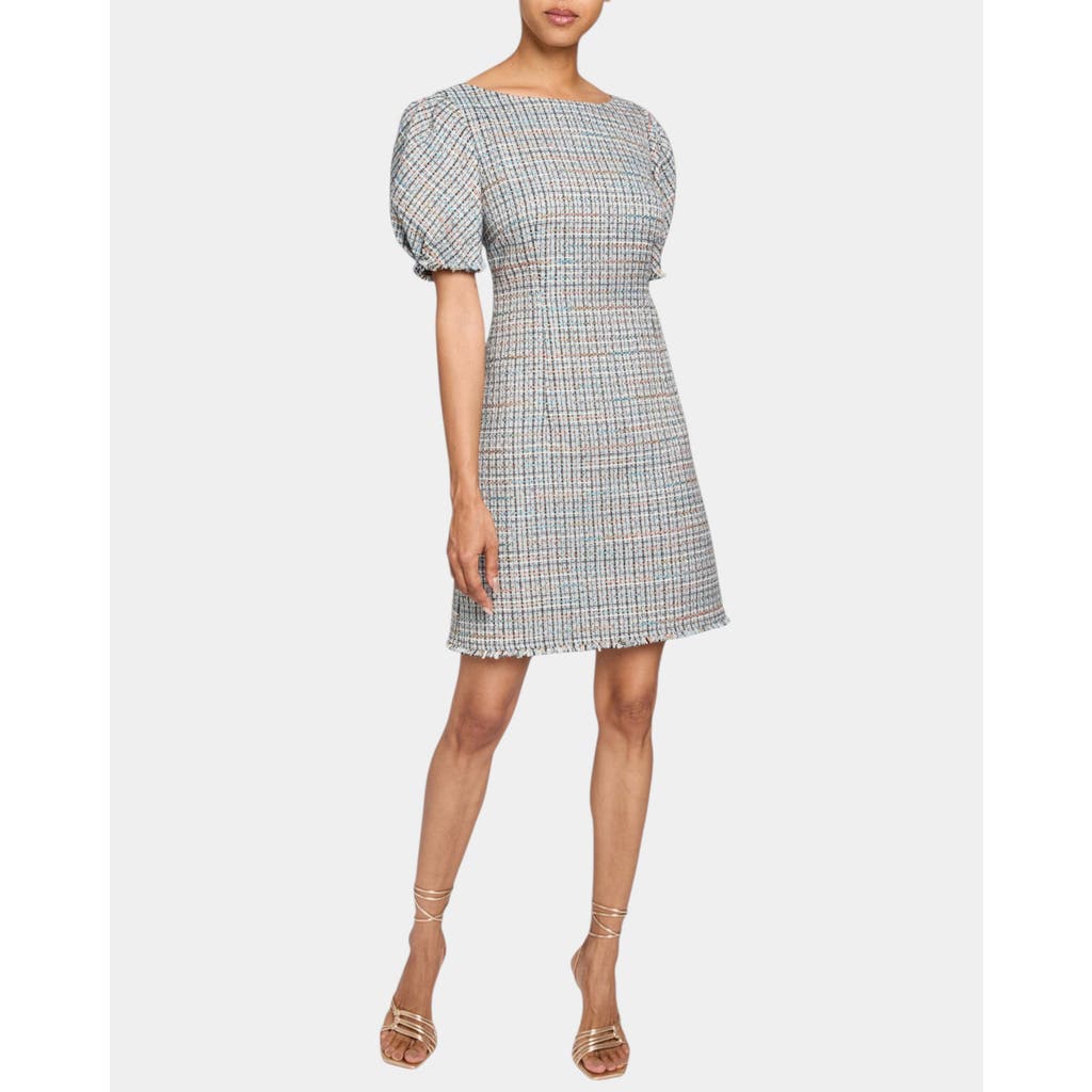 Santorelli Violet A-line Shift Dress With Puff Sleeves In Luxury Tweed With Lurex In Ocean Mist
