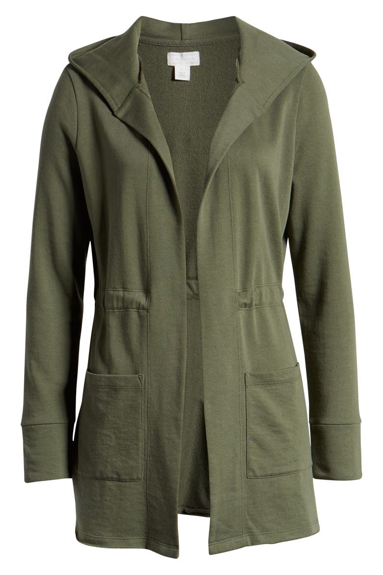 Hooded French Terry Cardigan, Alternate, color, GREEN BEETLE