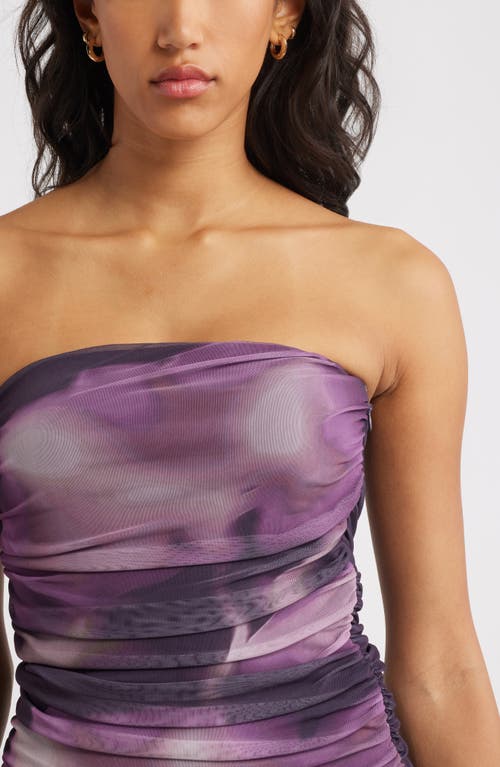 Open Edit Ruched Strapless Mesh Dress In Purple