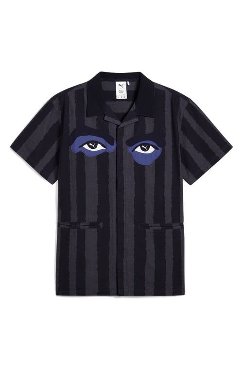 Puma X Kidsuper Stripe Cotton Seersucker Camp Shirt In New Navy