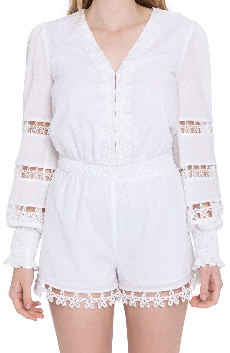 Free the Roses Lace Trim Long Sleeve Cotton Romper, Alternate, color, 