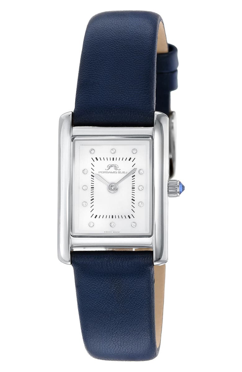 PORSAMO BLEU Karolina Diamond Leather Strap Watch, 21.5mm x 30mm - 0.06 ctw, Main, color, Silver-Blue