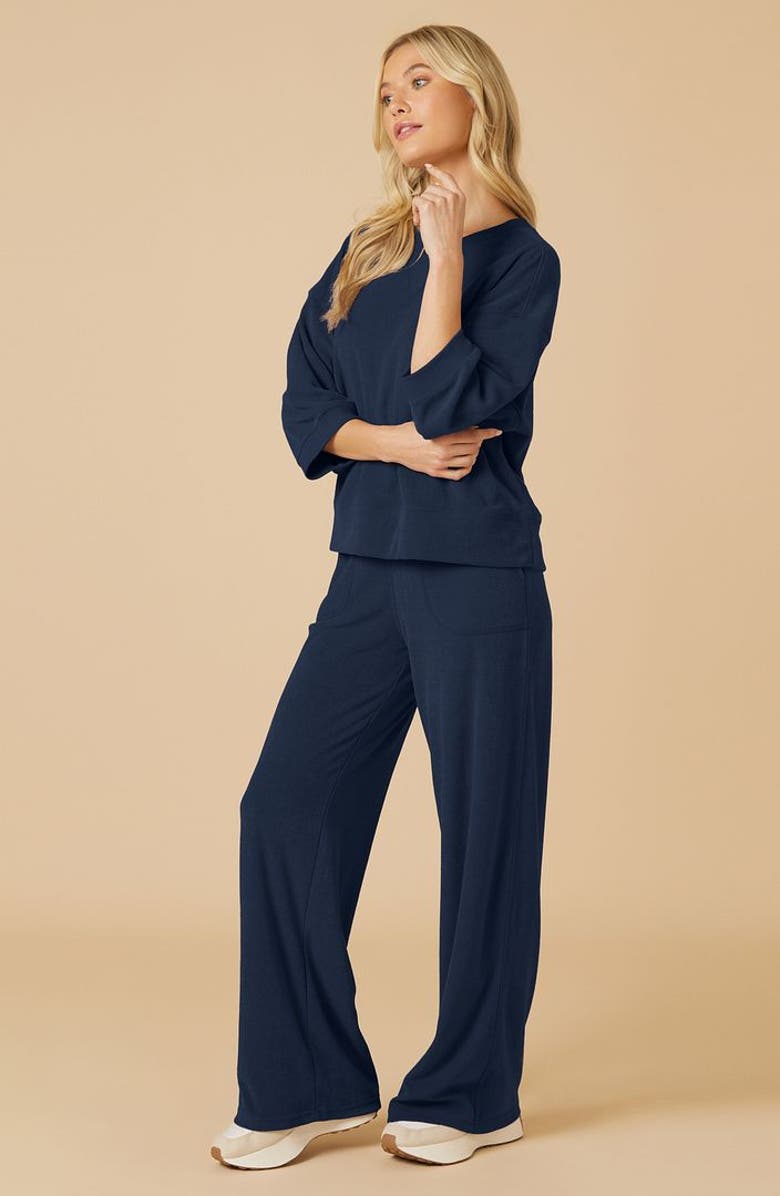 Softies Terry Cropped Sleeve Crew Neck with Wide Leg Pant, Alternate, color, Midnight