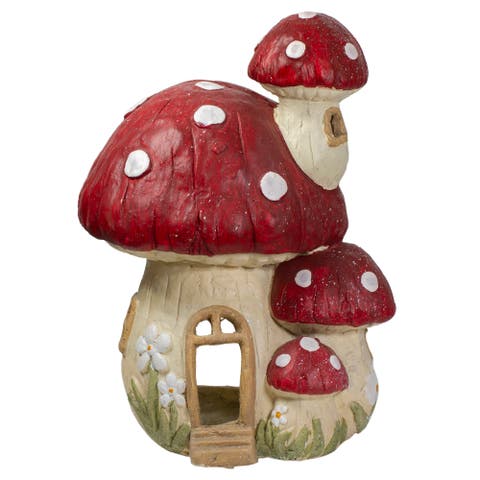 18" Red and Beige Mushroom House Outdoor Garden Statue