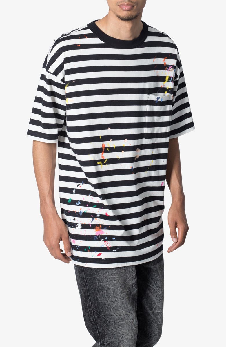 mnml Stripe Paint Splatter Cotton Pocket T-Shirt, Alternate, color, Black/ White