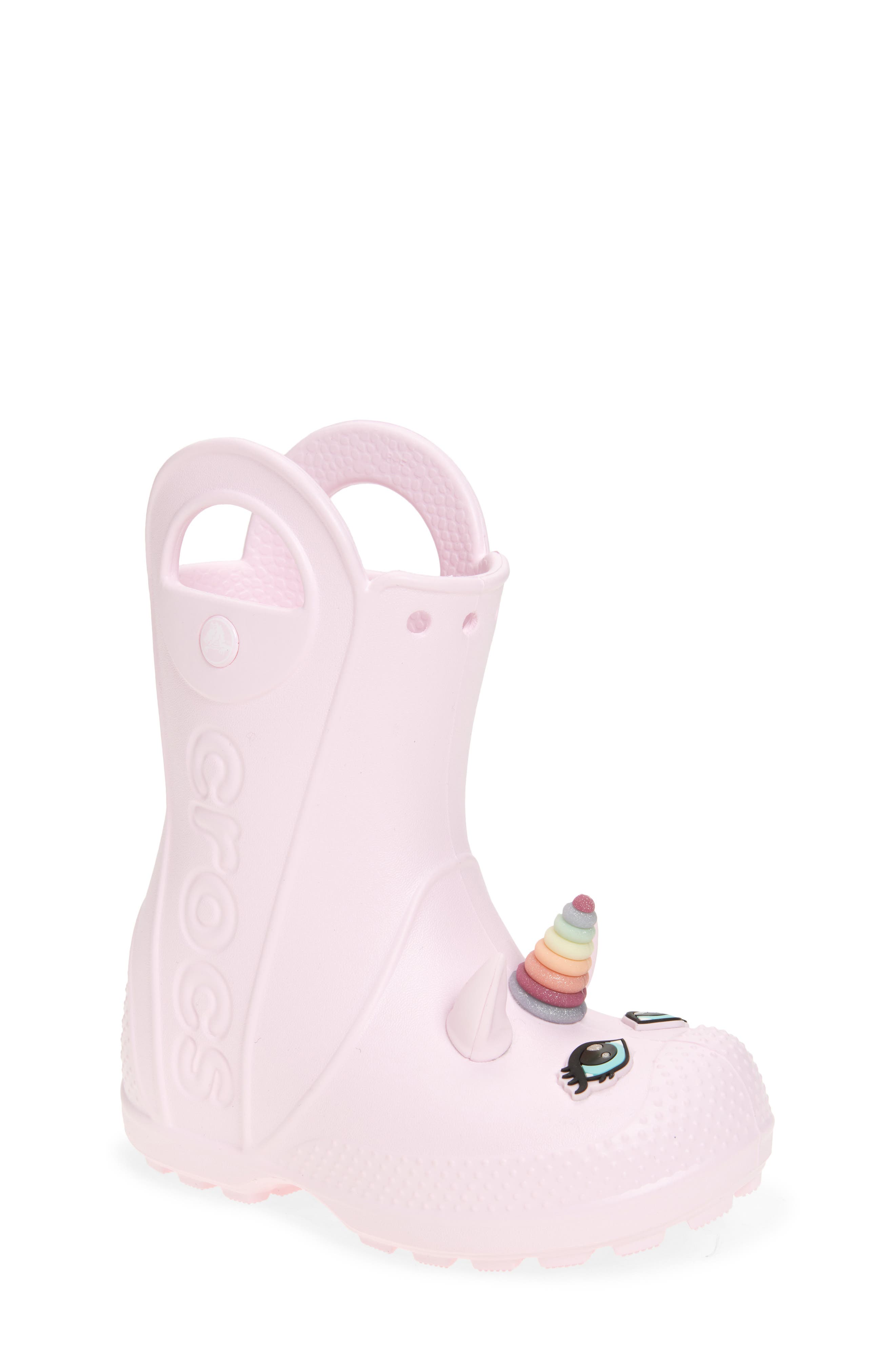CROCS Kids
 Handle It Unicorn Rain Boot, Main, color, Pink Milk