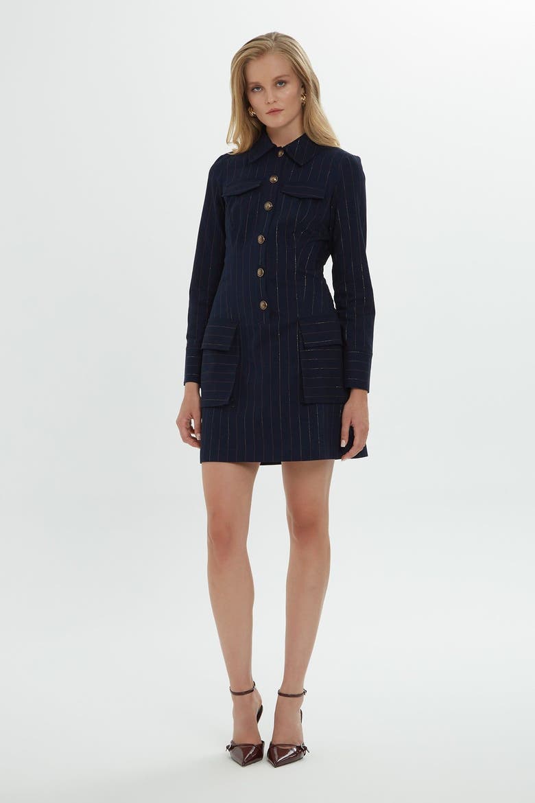 Striped Cotton Mini Shirt Dress with Gold Buttons, Main, color, Navy