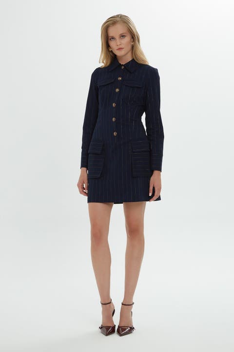 Long-Sleeved Striped Navy Shirt Dress with Gold Button Details