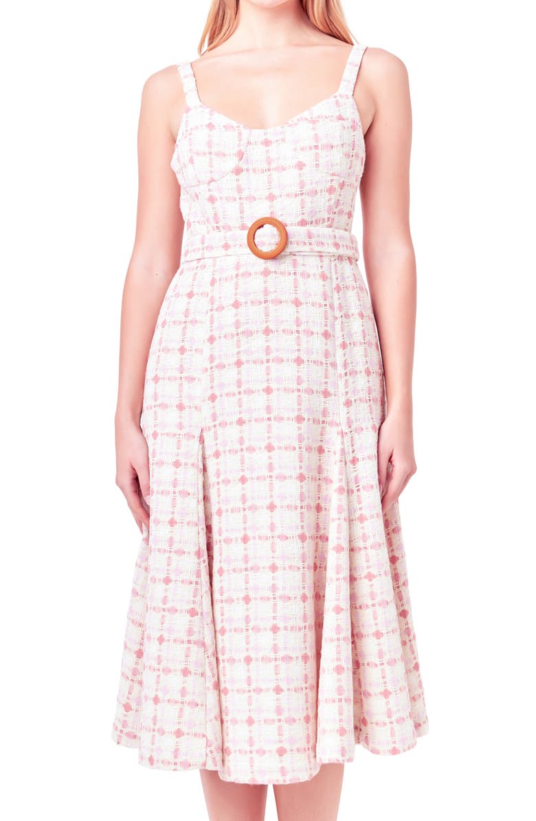 English Factory Belted Tweed Fit & Flare Midi Dress, Alternate, color, Pink Multi