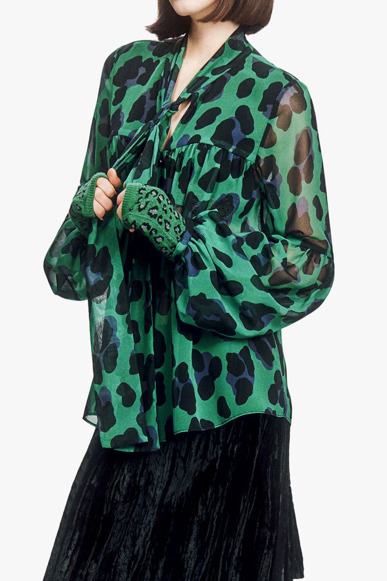 Jewel Jaguar Chiffon Tie Blouse, Alternate, color, JADE
