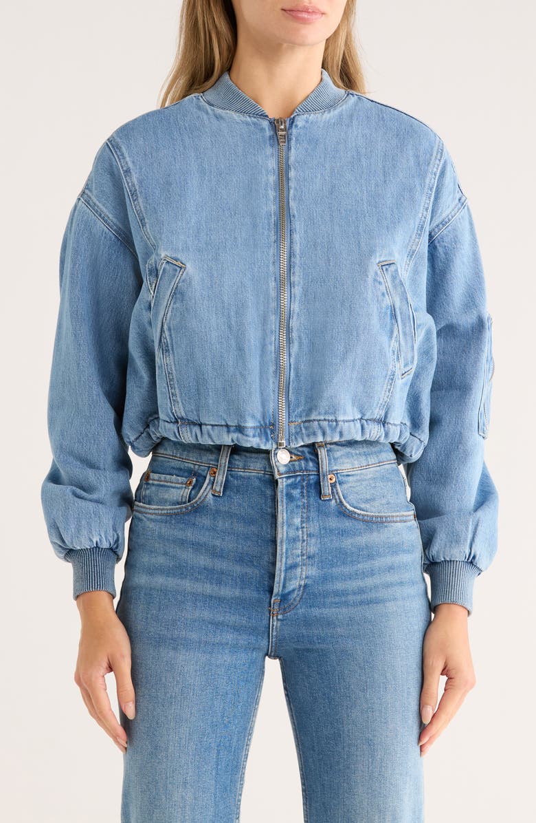 BLANKNYC Faux Shearling Lined Denim Bomber Jacket, Main, color,