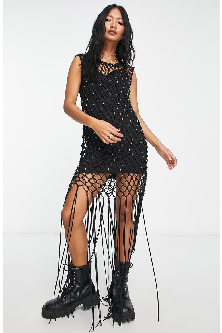 Stud Fringe Overlay Dress, Alternate, color, BLACK