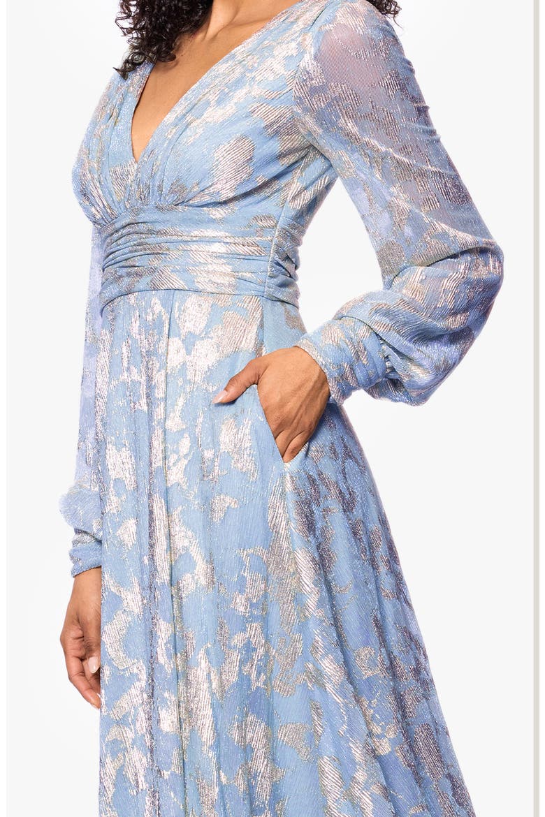 Foil Pattern Long Sleeve Gown, Alternate, color, PERIWINKLE/GOLD