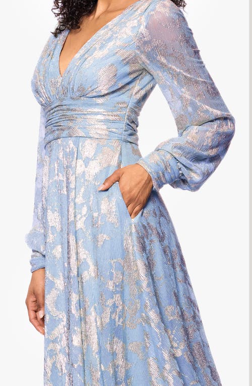Betsy & Adam Foil Pattern Long Sleeve Gown In Blue