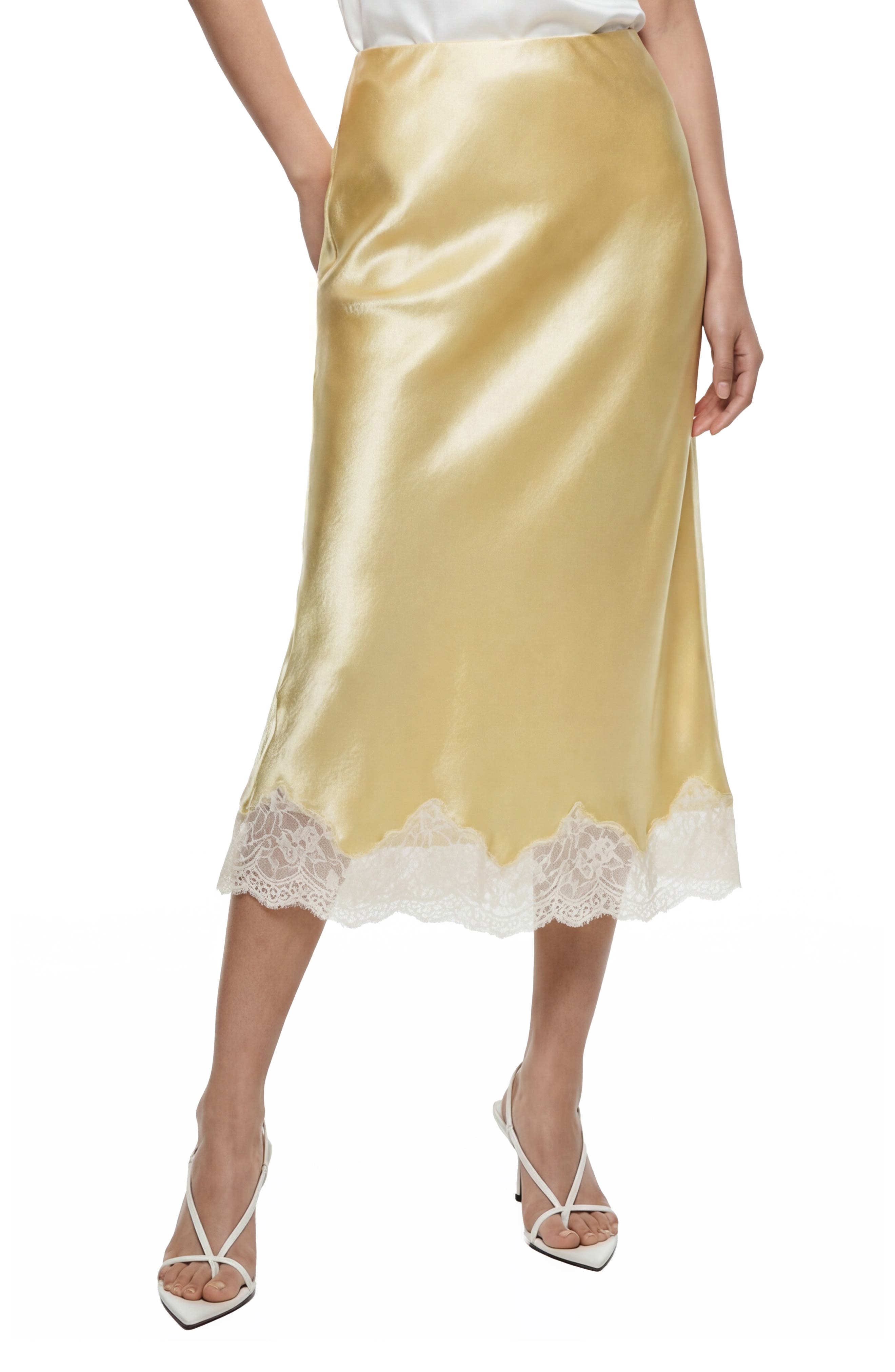 Love By Design Marisa Bias Cut Lace Trim Satin Skirt