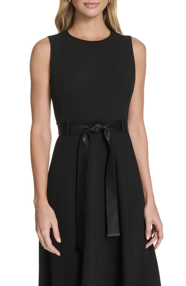Calvin Klein Faux Leather Belt Scuba Crepe Midi A-Line Dress, Alternate, color, Black