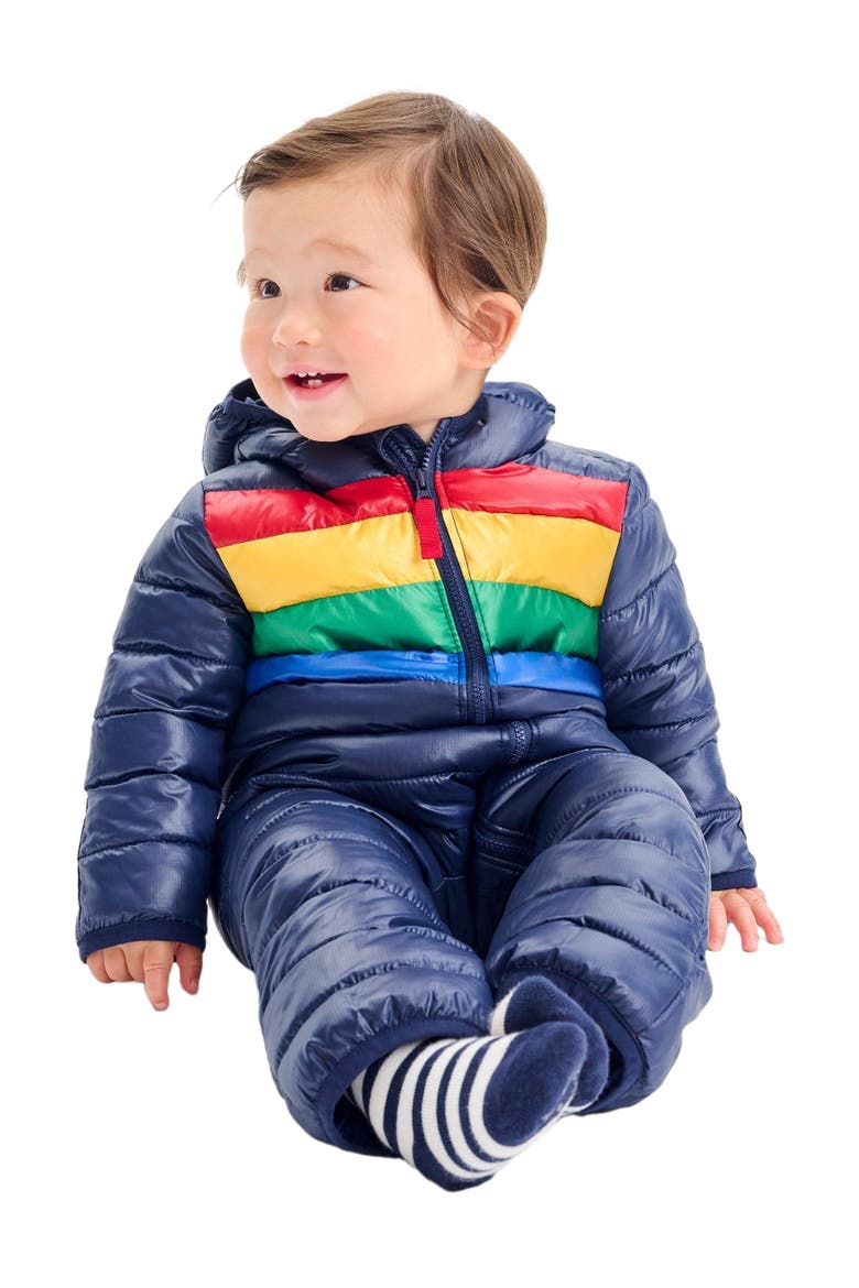 Baby Lightweight Puffer Suit In Stripe, Alternate, color, Navy Bold Rainbow
