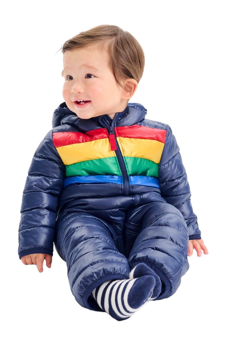 Primary Baby Lightweight Puffer Suit In Rainbow Stripe, Alternate, color, Navy Bold Rainbow