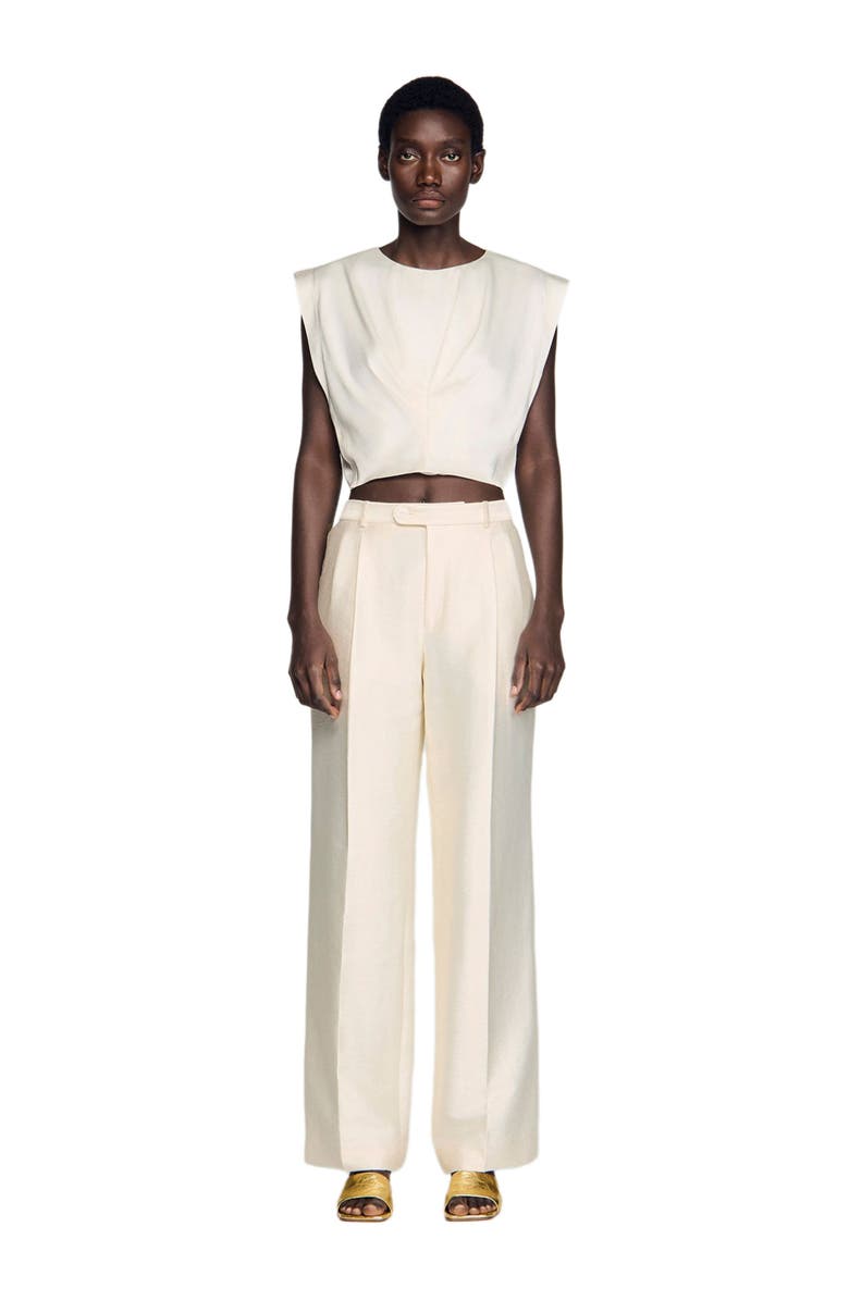 SANDRO Pleated satin crop top, Alternate, color, Ecru