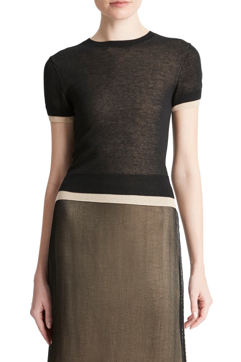 Double Layer Short Sleeve Cotton Blend Sweater, Main, color, BLACK/ OAT SAND COMBO