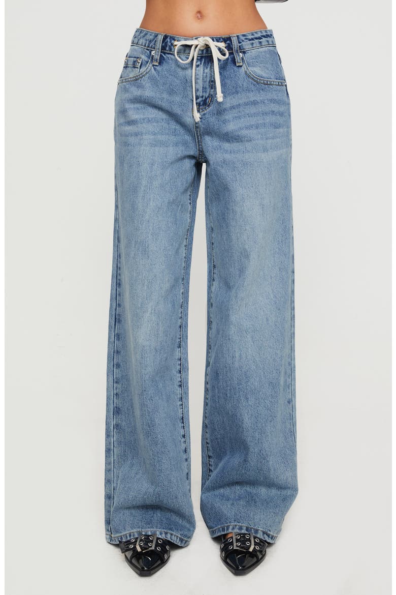 Mellowed Out Drawstring Low Rise Wide Leg Jeans, Main, color, MID BLUE
