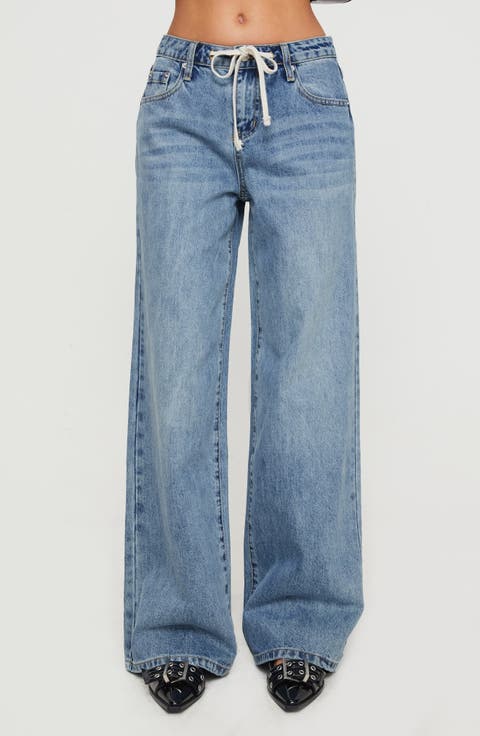 Mellowed Out Drawstring Low Rise Wide Leg Jeans