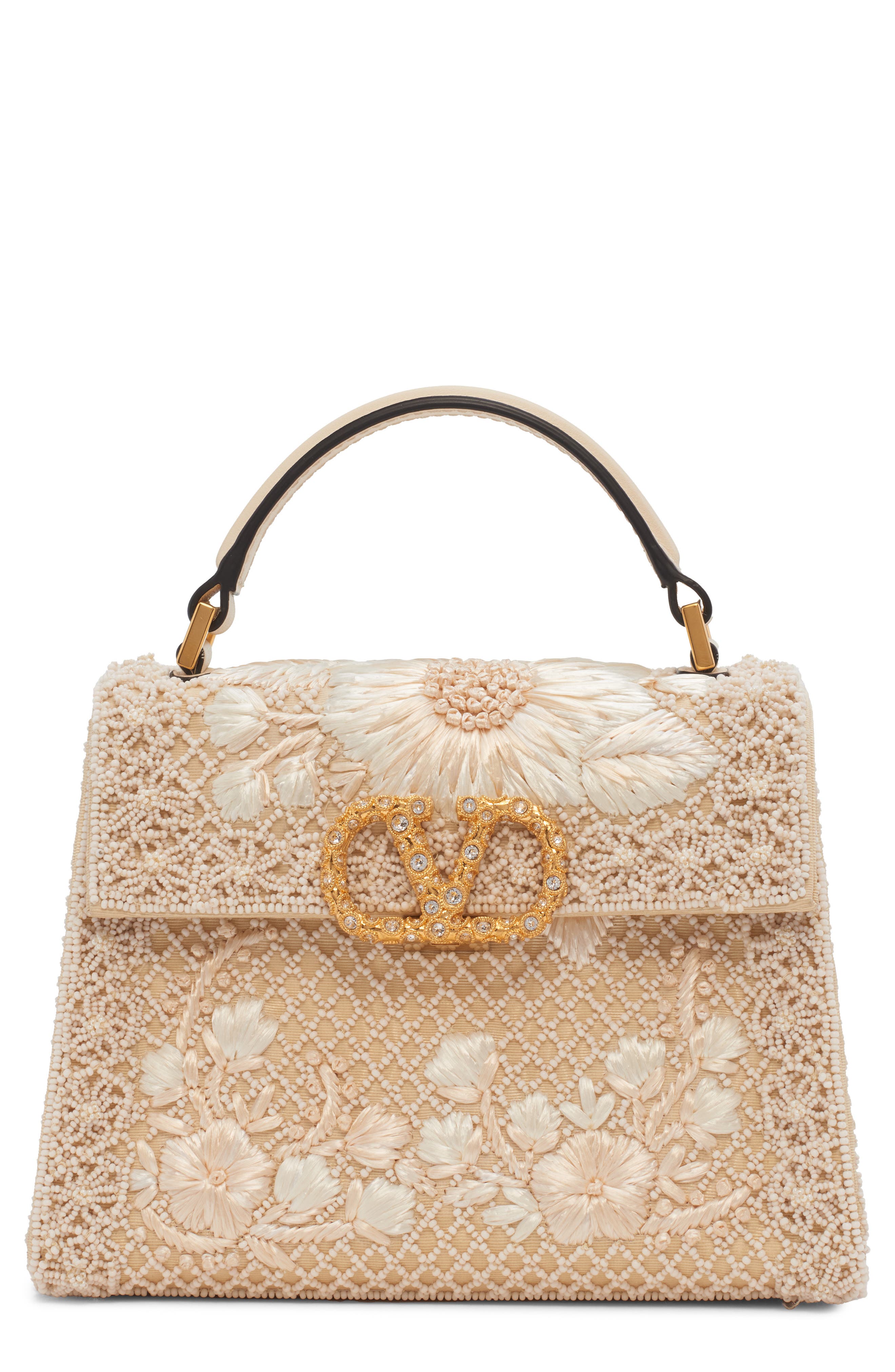 Valentino Garavani Mini Vsling Embroidered Moiré Top Handle Bag, Main, color, White/ Cream