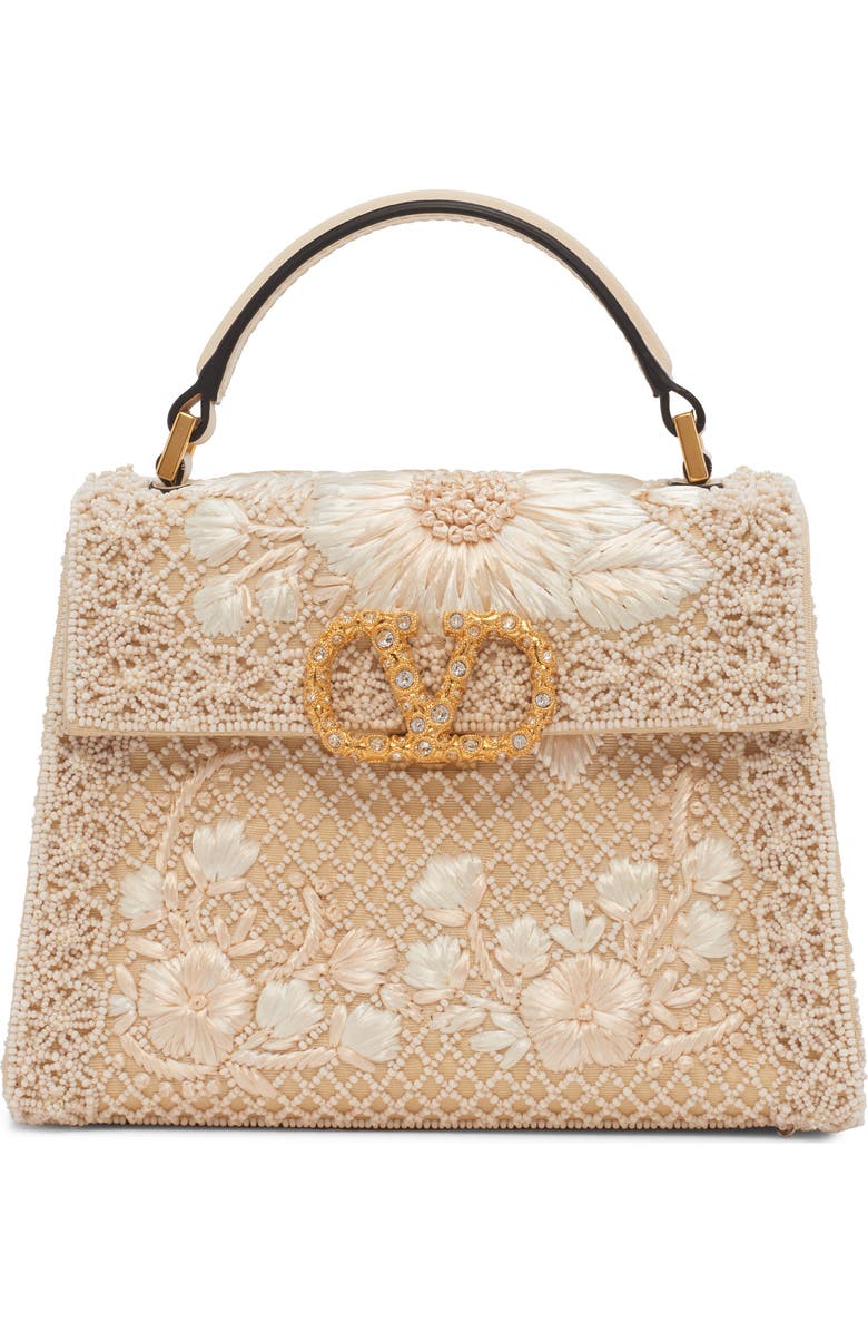 Valentino Garavani Mini Vsling Embroidered Moiré Top Handle Bag, Main, color, White/ Cream