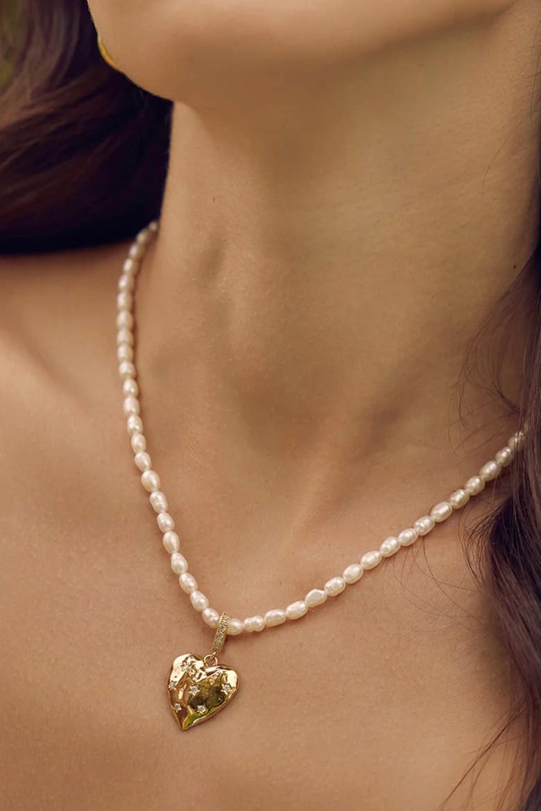 Gleam Cultured Pearl Necklace with Heart Shaped Charm Pendant, Alternate, color, Gold