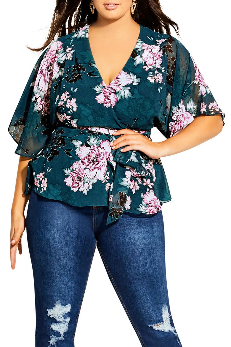 Blossom Jade Wrap Front Blouse, Main, color, JADE BLOSSOM
