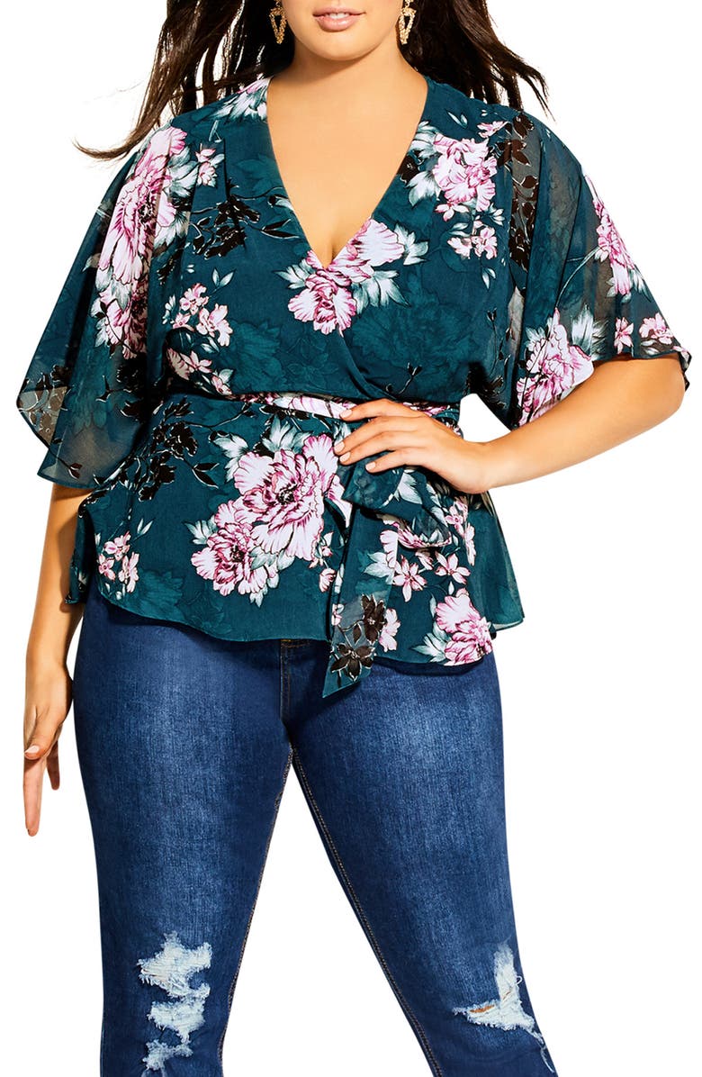 City Chic Blossom Jade Wrap Front Blouse, Main, color, 