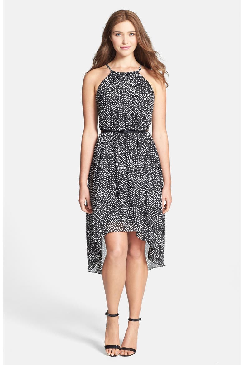 Belted Print Chiffon High/Low Dress, Main, color, BLACK/ SOFT WHITE