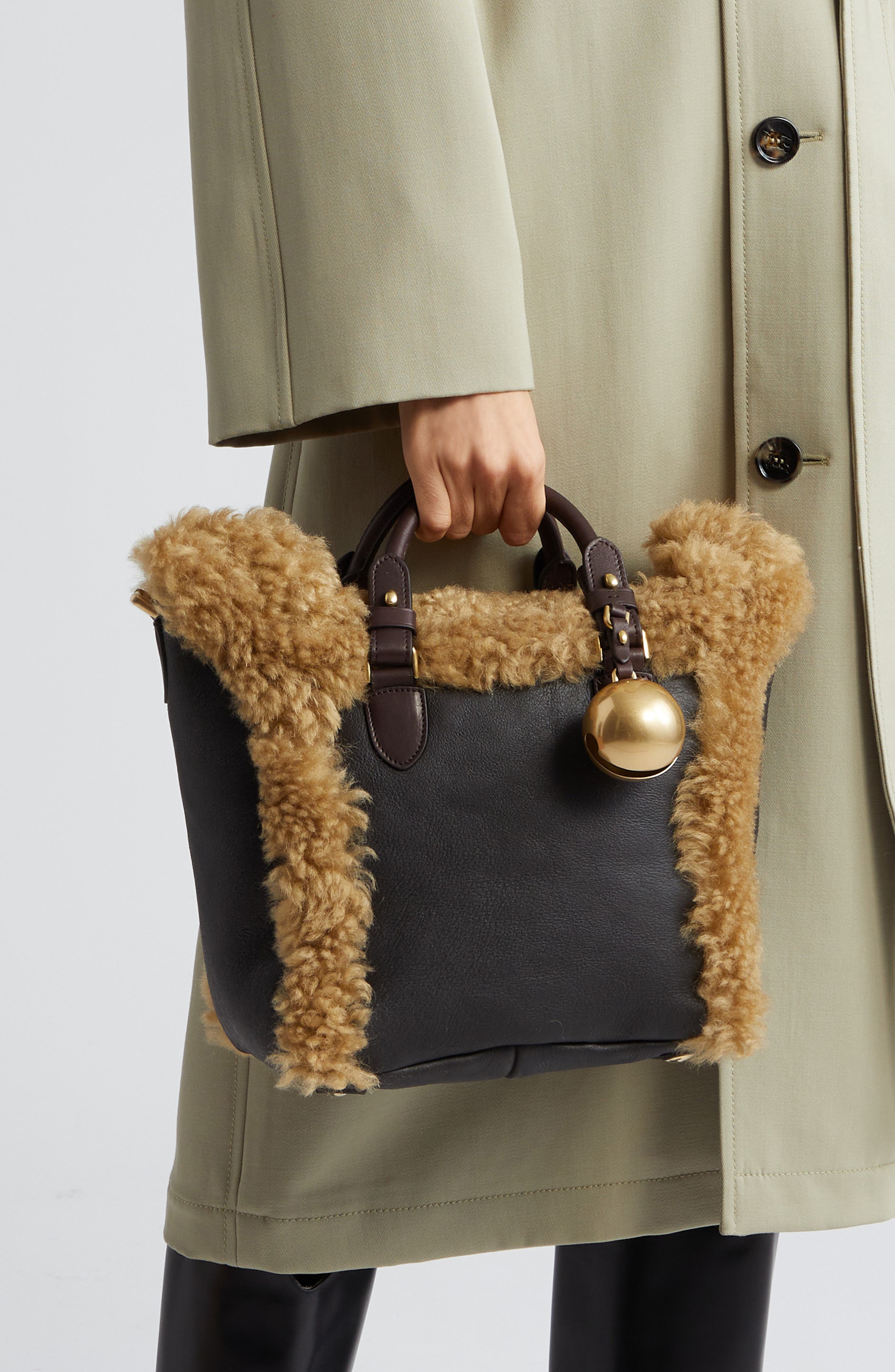 Burberry Small Shield Leather & Genuine Shearling Tote, Alternate, color, 