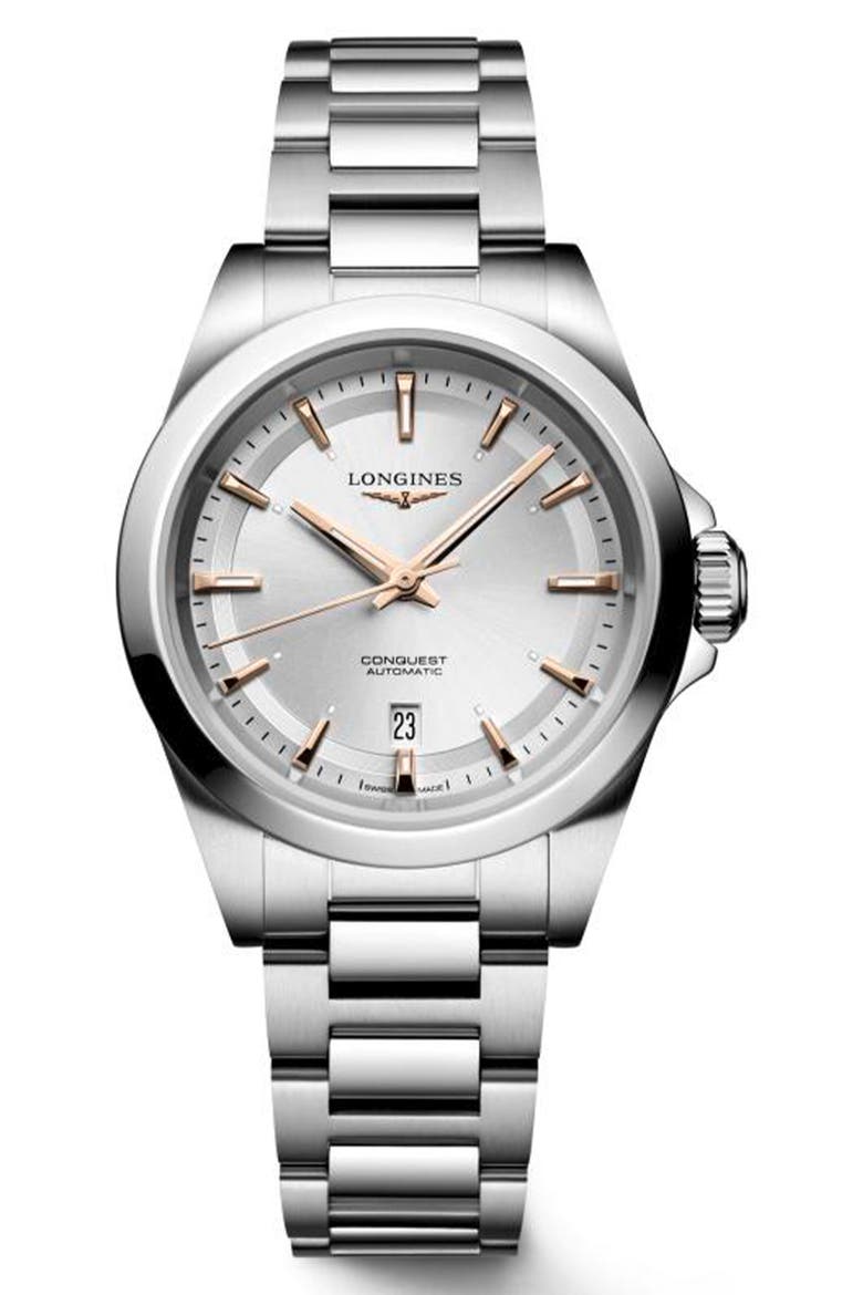 Conquest Silvertone Dial Automatic Bracelet Watch, 30mm, Main, color, SILVER