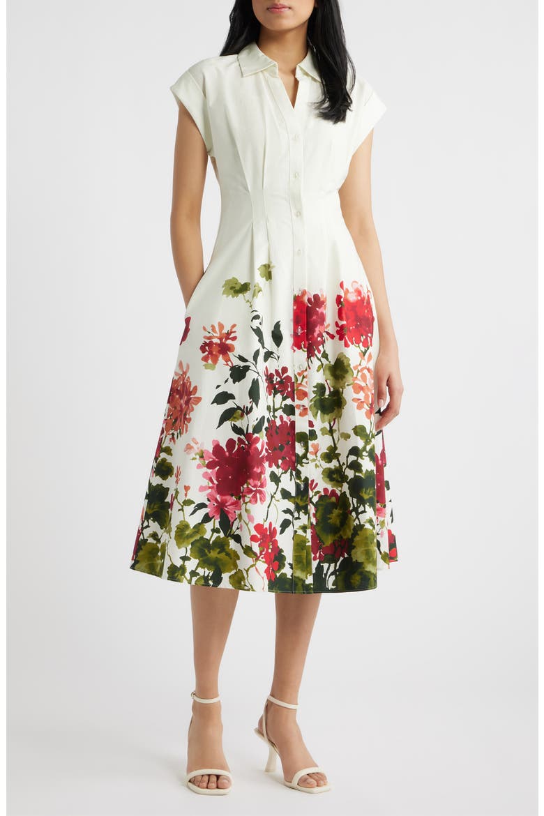 Floral Placement Pleated Stretch Cotton Midi Shirtdress, Main, color, IVORY MULTI