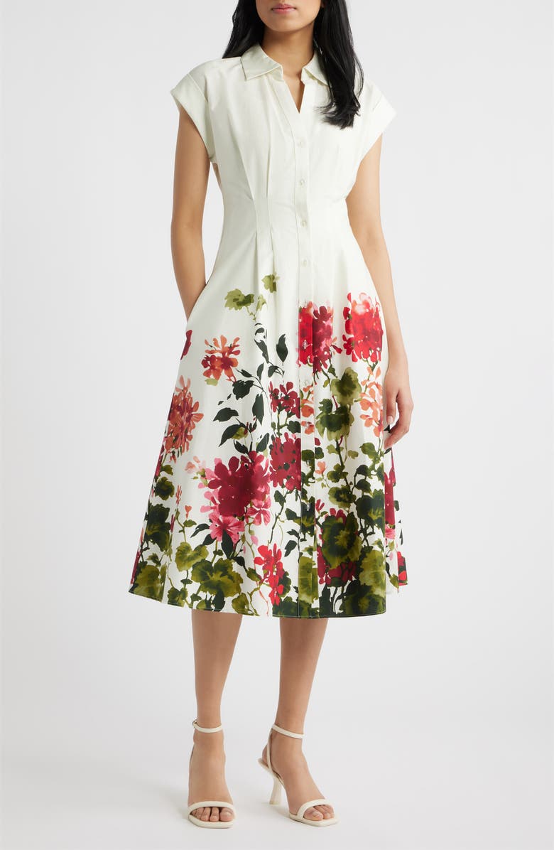 Julia Jordan Floral Placement Pleated Stretch Cotton Midi Shirtdress, Main, color, Ivory Multi