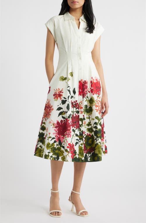Julia Jordan Floral Placement Pleated Stretch Cotton Midi Shirtdress in Ivory Multi at Nordstrom, Size 6