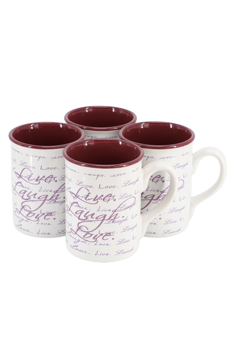Gibson Home Inspirational Words Live, Laugh, Love 4 Piece 16 Ounce Stoneware Mug Set, Main, color, Purple