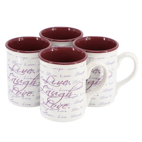 Inspirational Words Live, Laugh, Love 4 Piece 16 Ounce Stoneware Mug Set