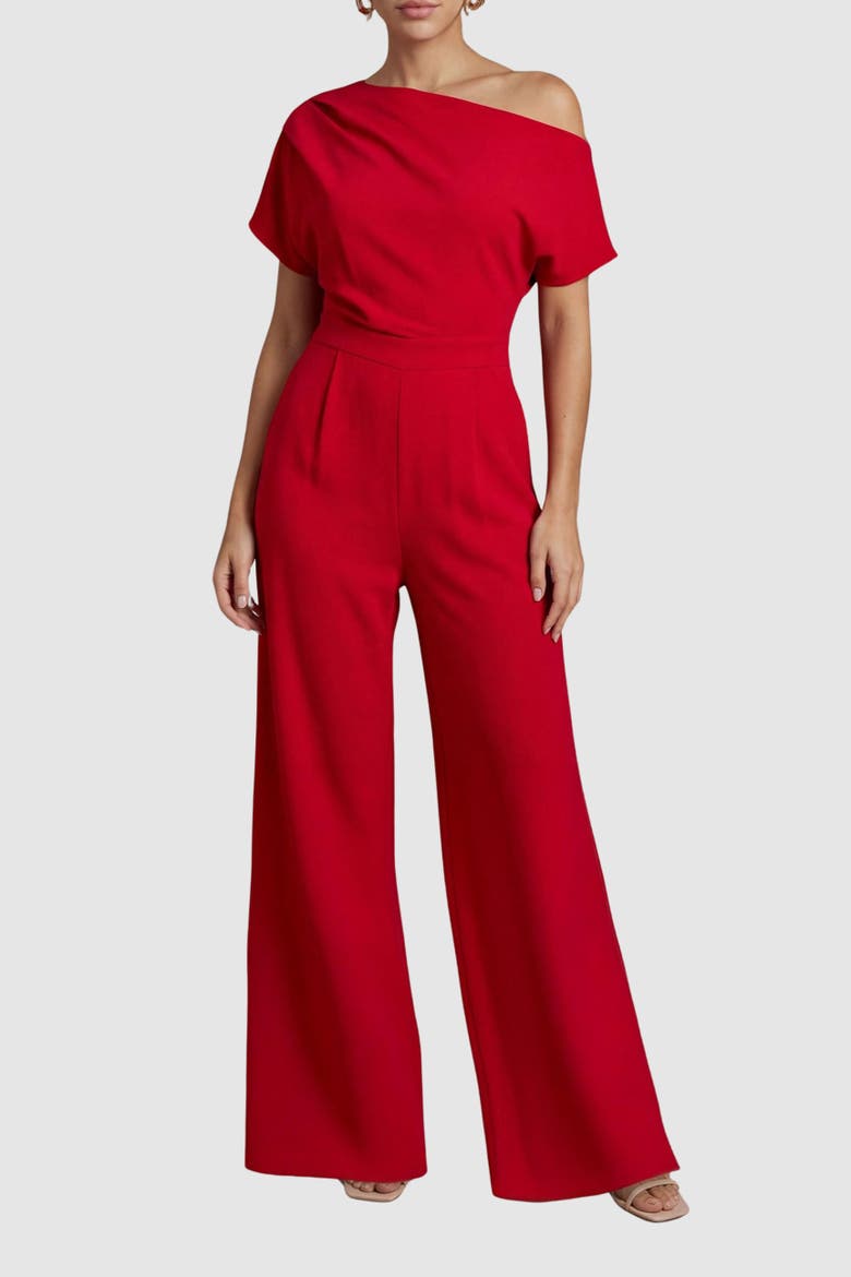 Petite Off Shoulder Jumpsuit, Alternate, color, Flame Red