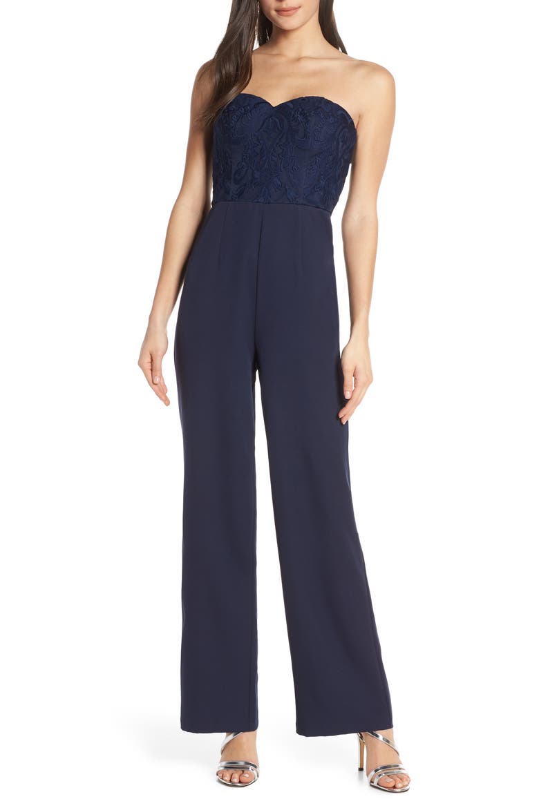 Naomi Embroidered Bodice Strapless Jumpsuit, Main, color, NAVY