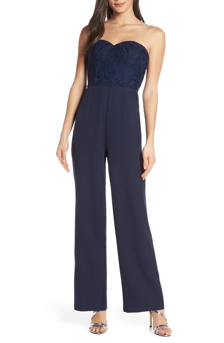 Chi Chi London Naomi Embroidered Bodice Strapless Jumpsuit, Main, color, 