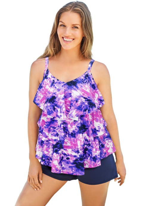 Longer-Length Tiered-Ruffle Tankini Top