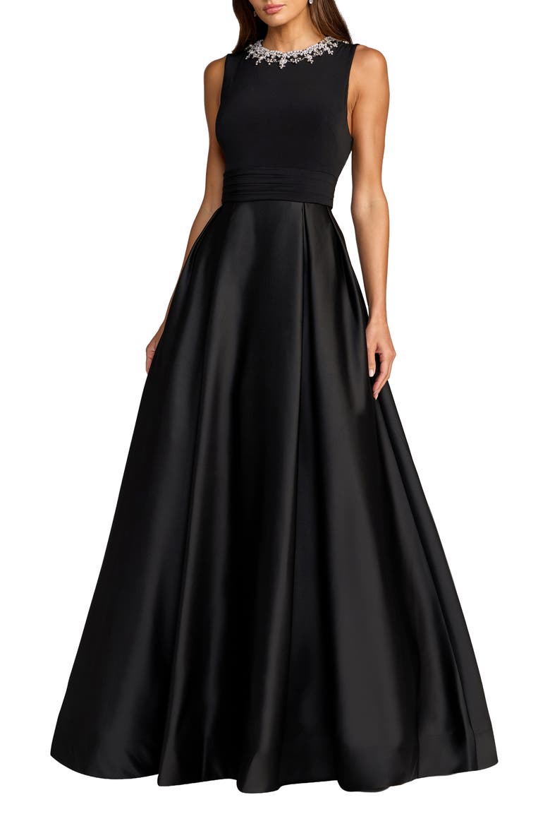 Petite Pearl-Embellished High-Neck Sleeveless A-Line Evening Gown, Main, color, Black